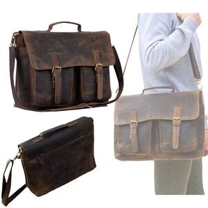 KomalC  Brown Leather Messenger/Briefcase Laptop Bag w/ Shoulder Strap Unisex